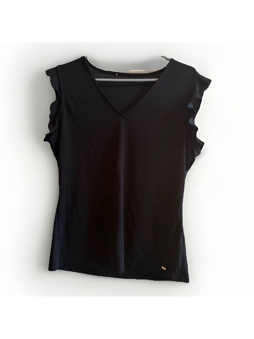 Calvin Klein Black V-Neck Ruffle Sleeve Blouse - Medium